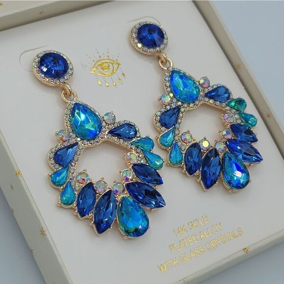 Eye Candy Earrings Luxe Blue Green Gold Plated Glass Crystals Earrings #545 - Picture 5 of 16
